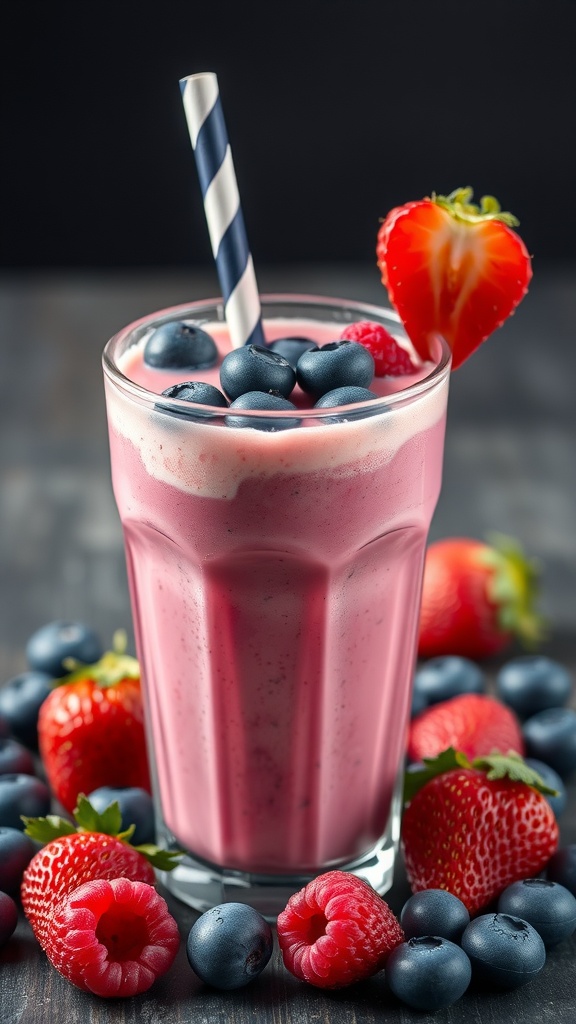 A colorful berry smoothie shake topped with fresh berries and a straw.