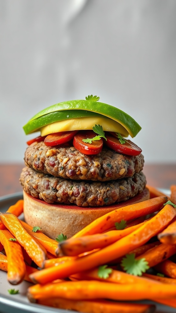 A delicious black bean quinoa burger stacked with fresh vegetables and served with sweet potato fries.