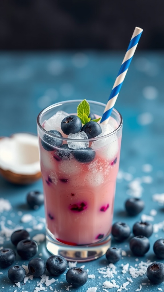 A refreshing Blueberry Coconut Chill drink with blueberries and mint, served in a glass.