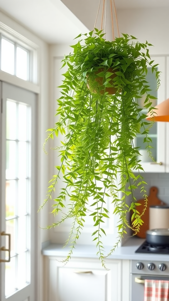 A lush Boston Fern hanging in a bright kitchen, showcasing its vibrant green fronds.