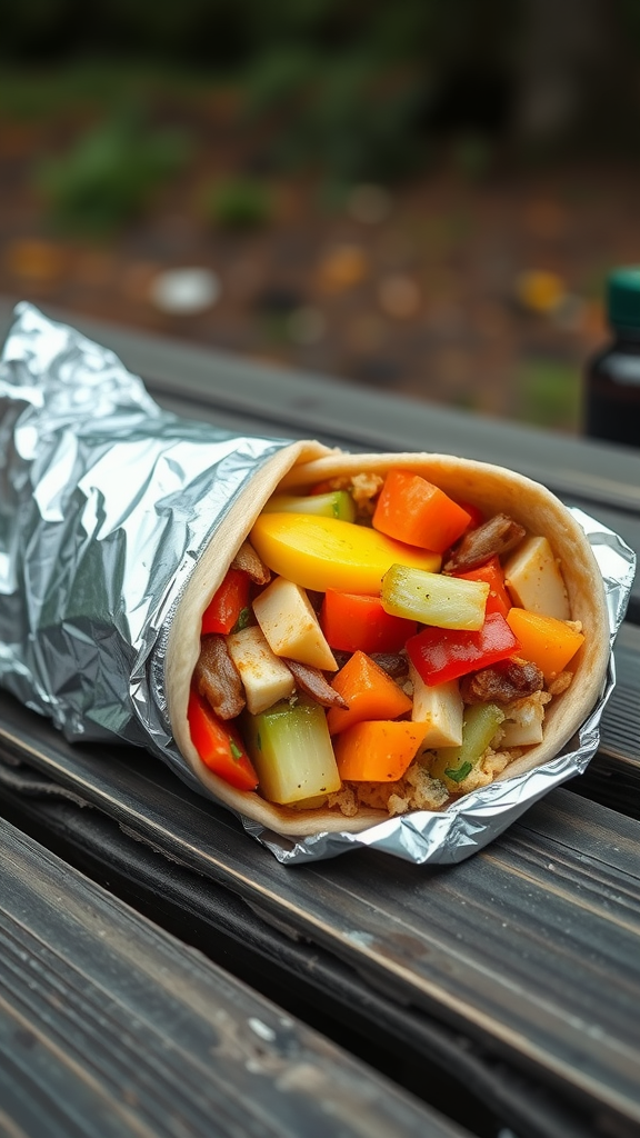 A hearty breakfast burrito filled with assorted colorful vegetables wrapped in foil.