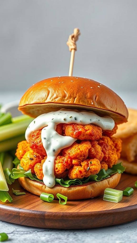 A delicious Buffalo Cauliflower Burger stacked high with crispy cauliflower, ranch dressing, and fresh greens on a bun, served with celery sticks.