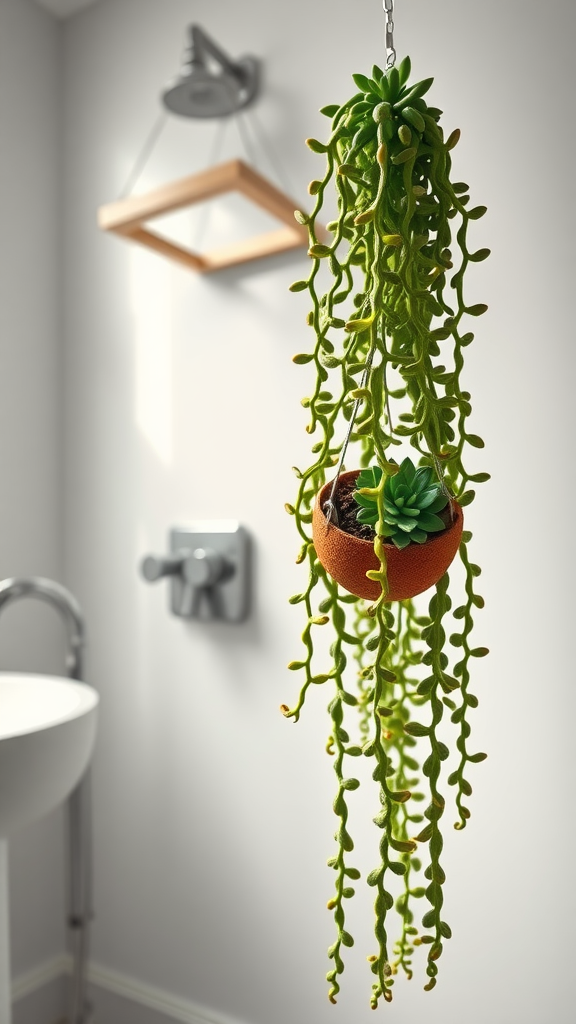 Hanging Burro's Tail plant in a bathroom setting