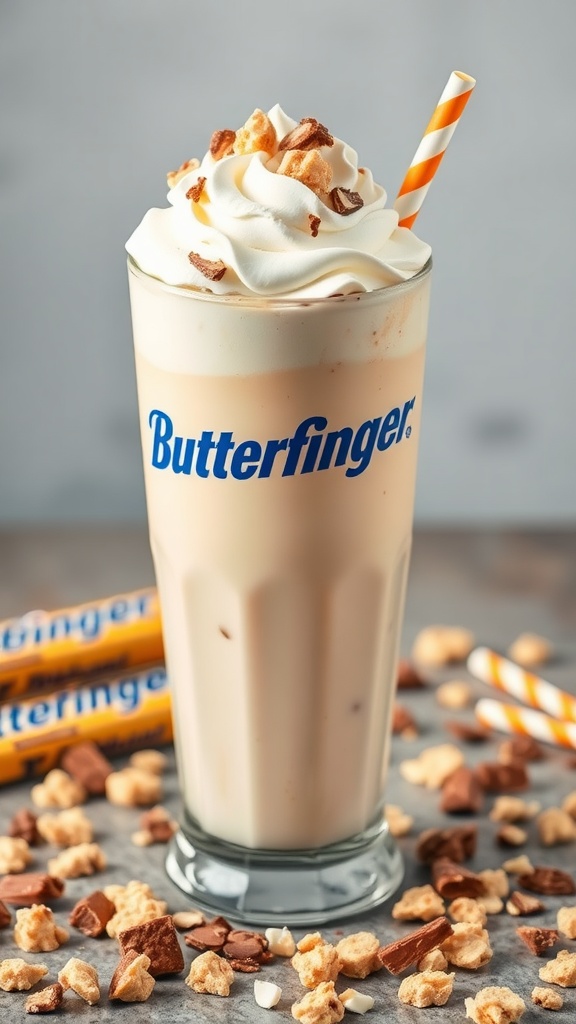 Creamy Butterfinger Crunch Shake topped with whipped cream and Butterfinger bits