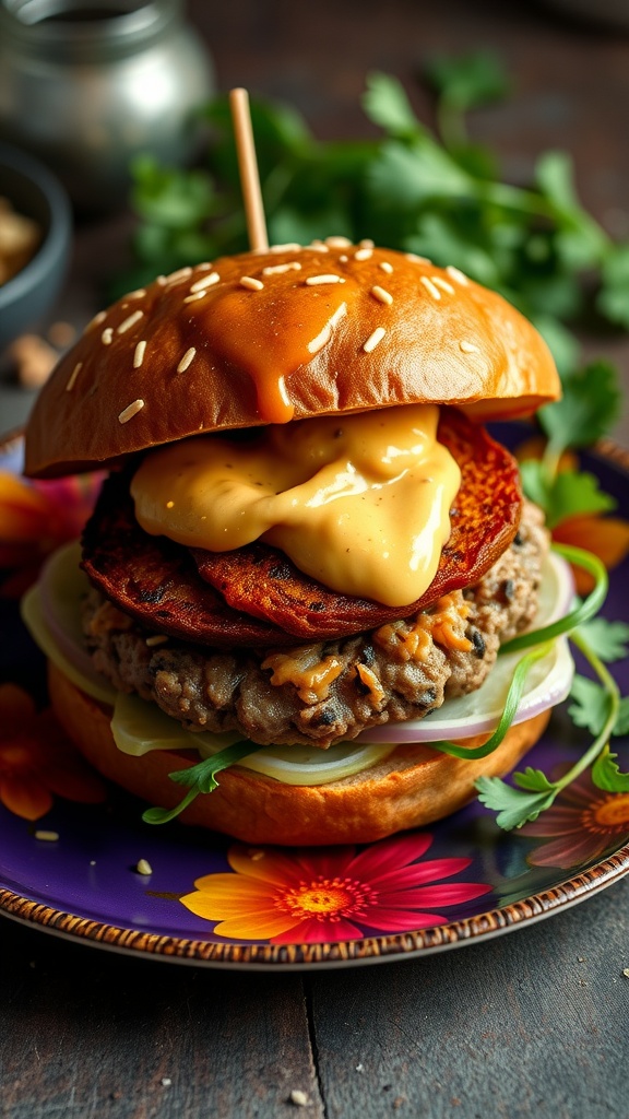 A colorful Cajun sweet potato burger with crispy layers and fresh toppings.