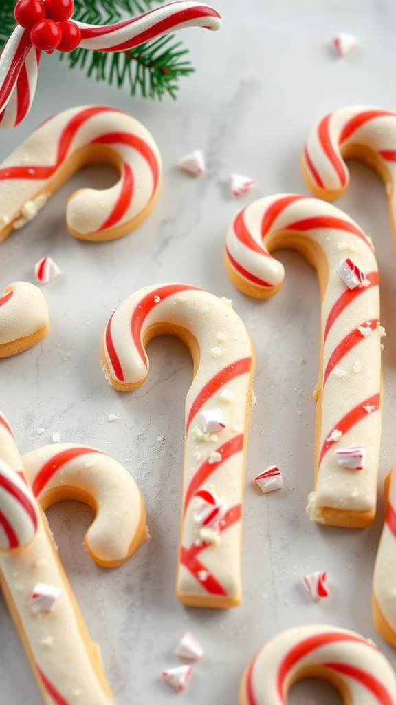 Candy Cane Cookies with red and white stripes, decorated with crushed candy canes