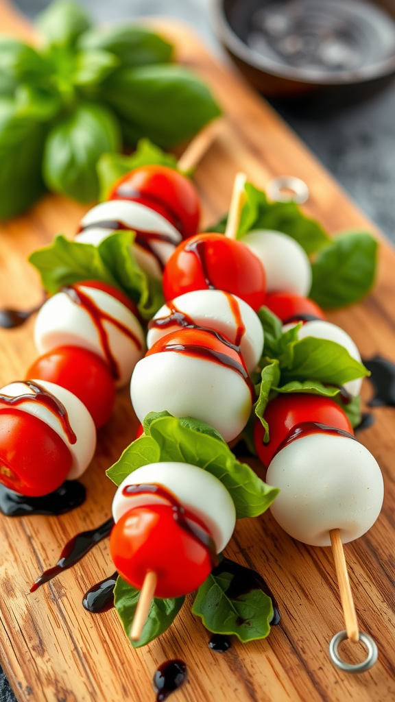 Caprese skewers with cherry tomatoes, mozzarella, and basil drizzled with balsamic glaze