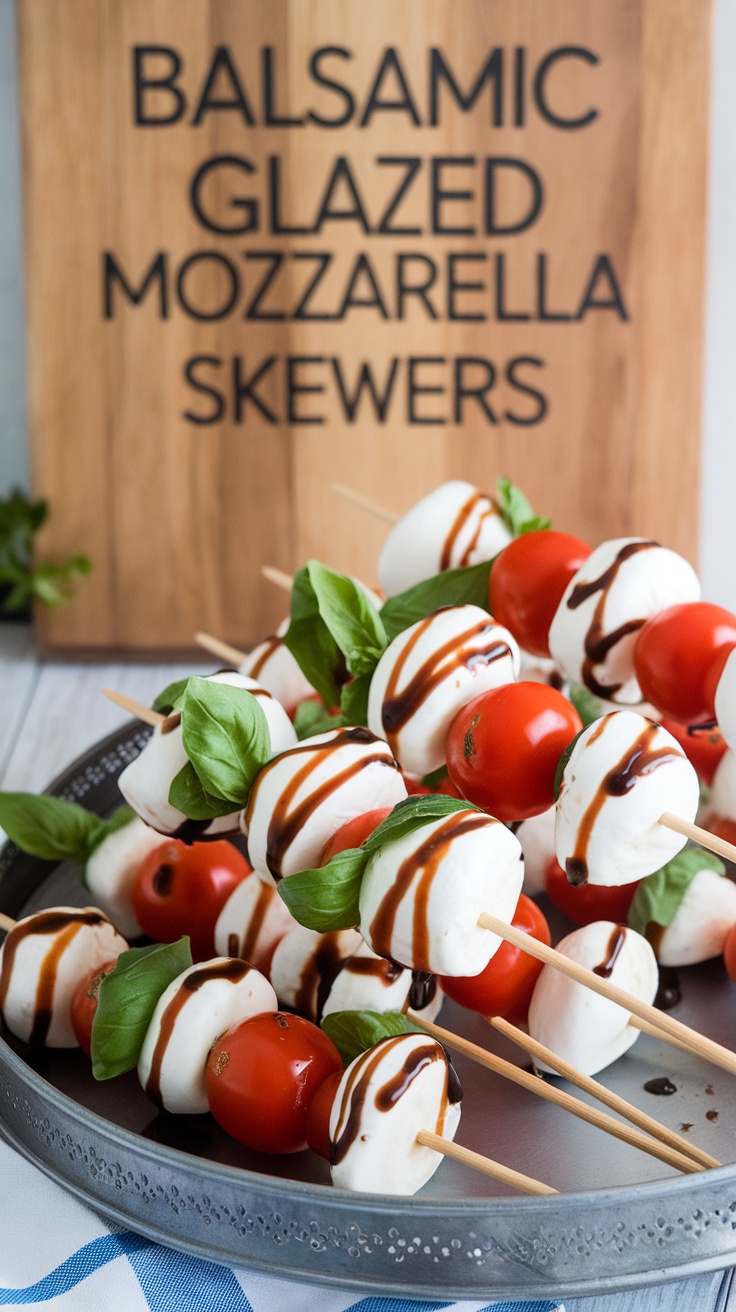 Caprese skewers with mozzarella, tomatoes, and basil drizzled with balsamic glaze.