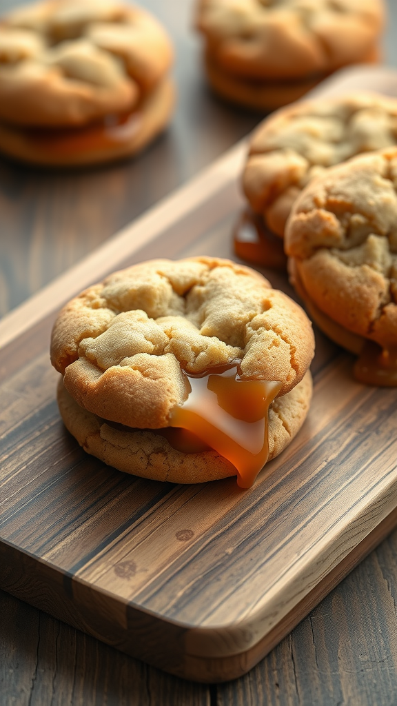 Caramel stuffed cookies on a wooden tray