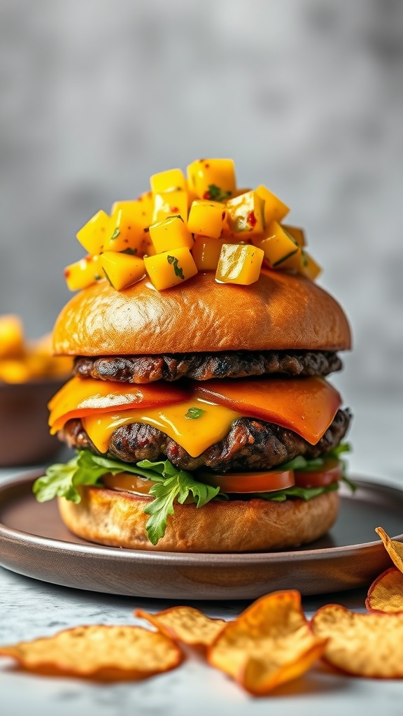 A delicious Caribbean Jerk Burger topped with fresh mango on a plate