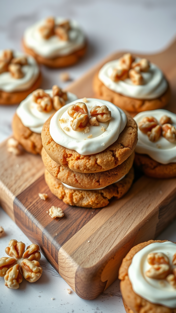 Delicious carrot cake cookies topped with cream cheese frosting and walnuts