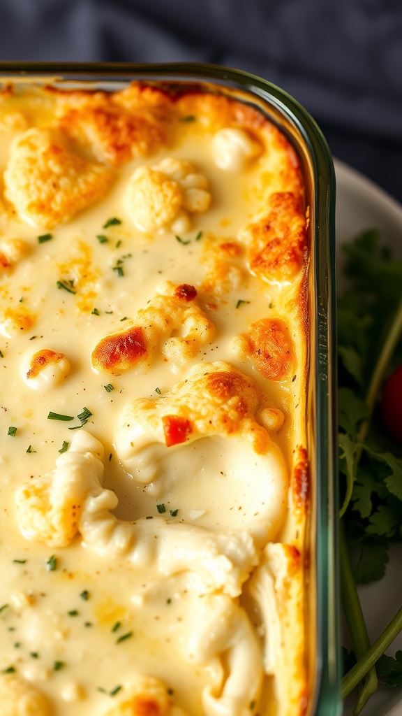 A creamy cauliflower and cheese bake, golden brown on top.