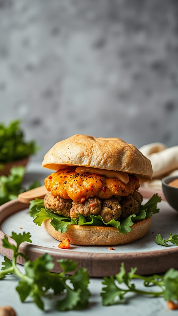 A delicious-looking cauliflower and chickpea burger on a wooden plate, garnished with greens.