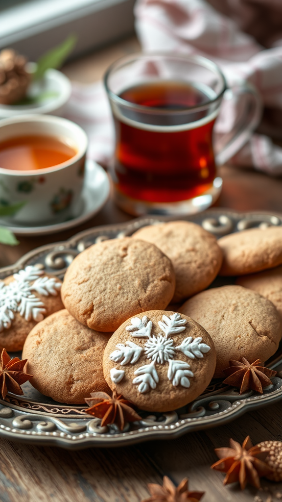 A platter of chai spice cookies with decorative icing, star anise, and cups of tea.