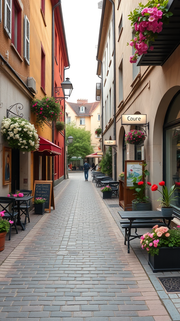 A charming cobblestone road lined with colorful buildings and flowers.