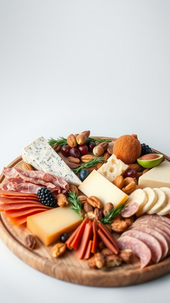 A beautiful cheese and charcuterie board featuring various cheeses, cured meats, nuts, and fruits.