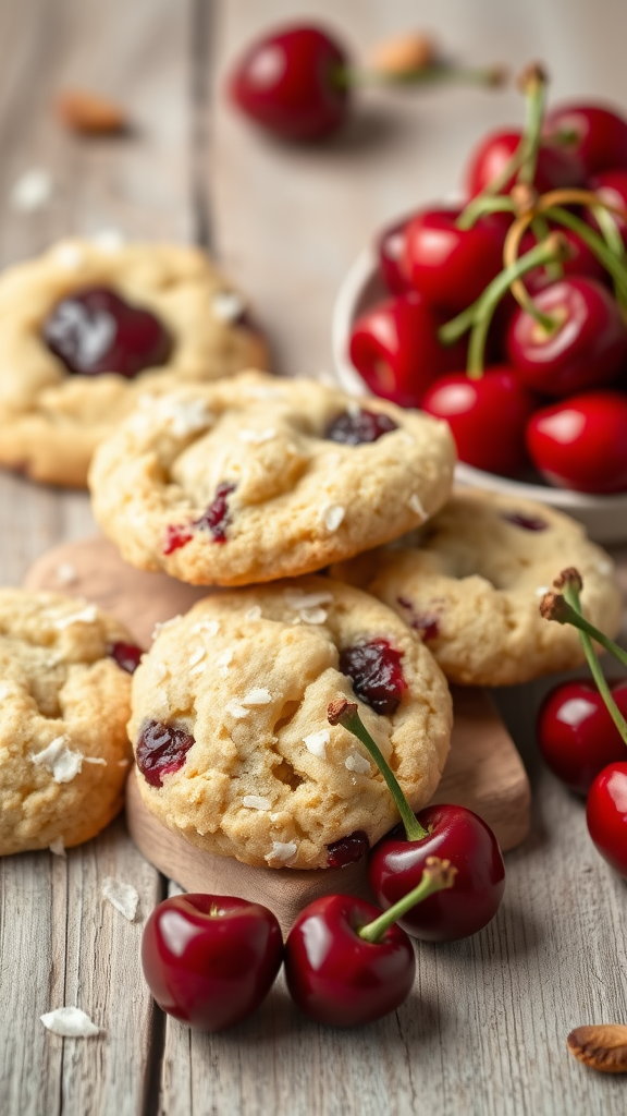 A stack of cherry coconut cookies with fresh cherries beside them.