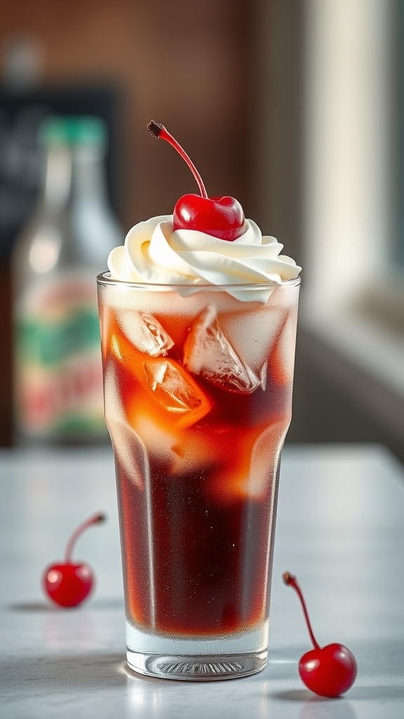 A refreshing Cherry Vanilla Cream Soda topped with whipped cream and a cherry.