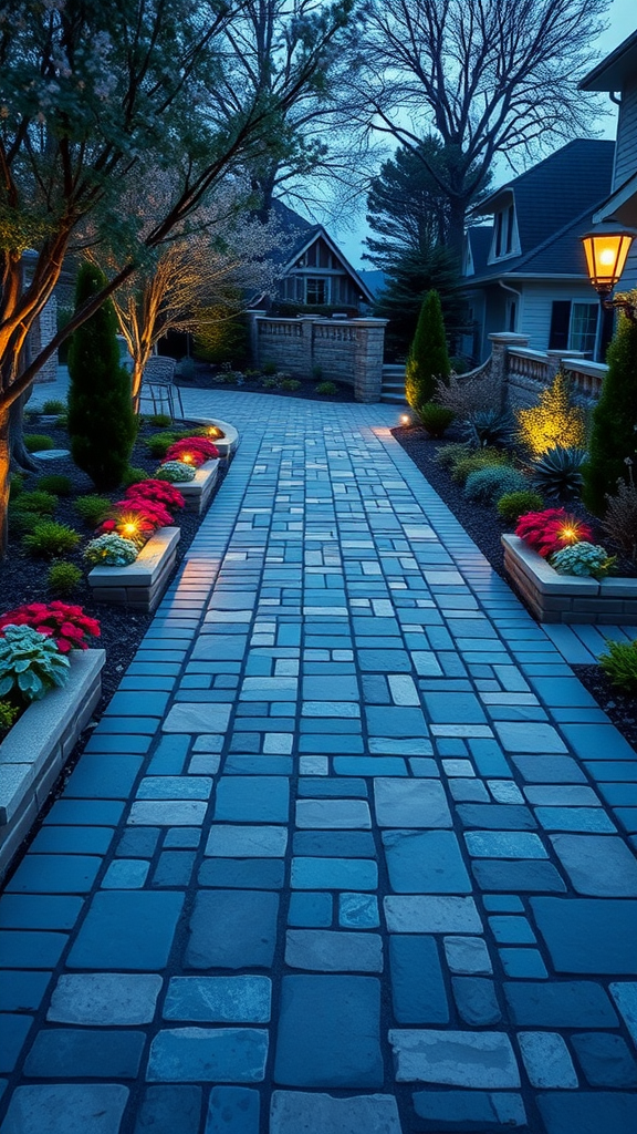 A beautifully lit flagstone walkway surrounded by flowers and trees in the evening.