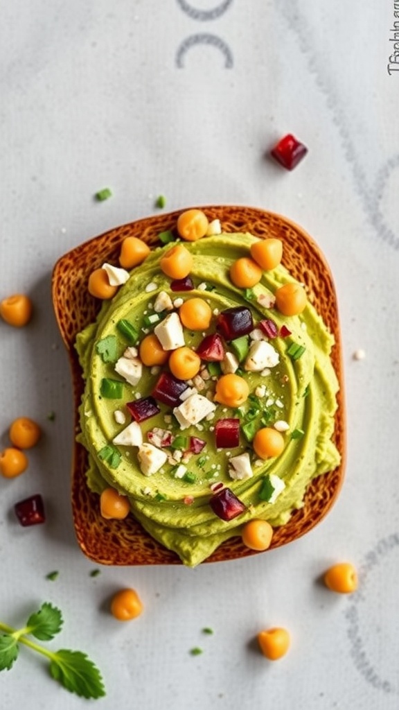 Chickpea and avocado smash on toast with colorful toppings.