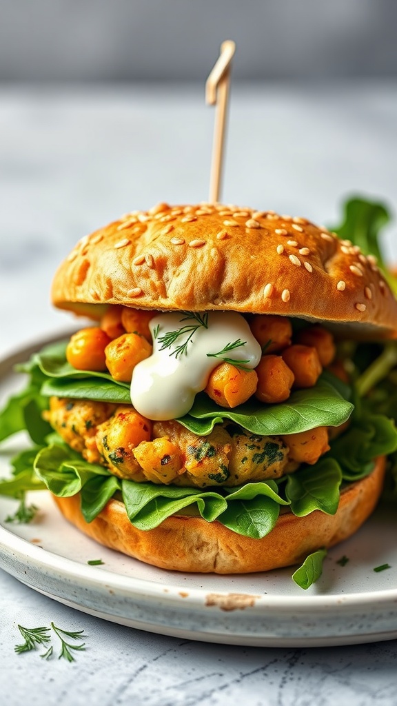 Chickpea and spinach burger with fresh greens and sauce