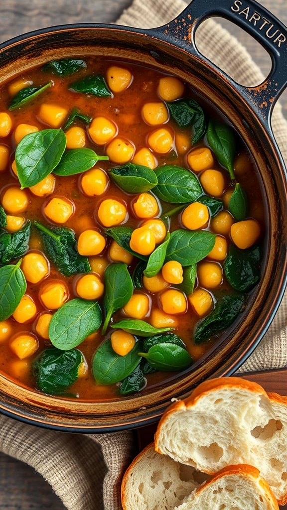 A bowl of chickpea and spinach stew with bread on the side.