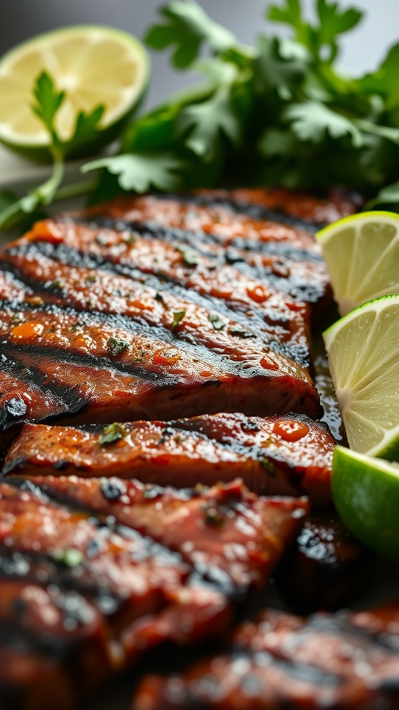 Chili Lime Grilled Steak with lime wedges and cilantro