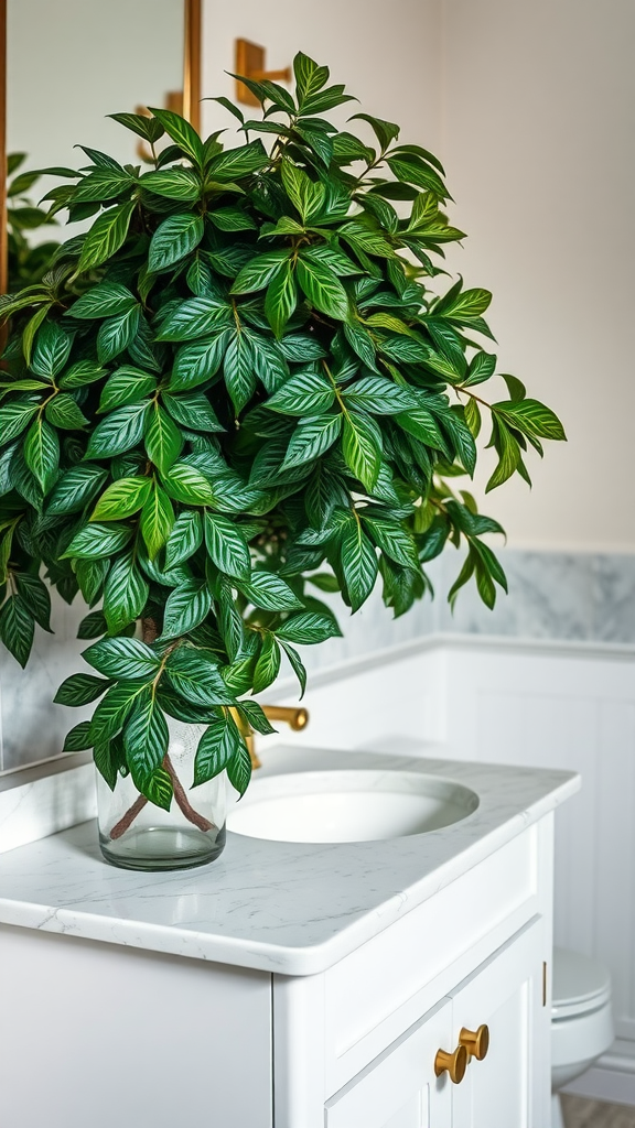 Chinese Evergreen plant with glossy leaves in a bathroom setting