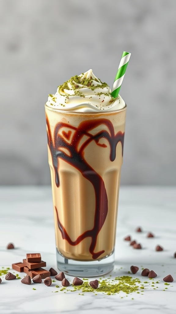 Choco-Matcha Fusion milkshake with chocolate syrup and matcha garnish