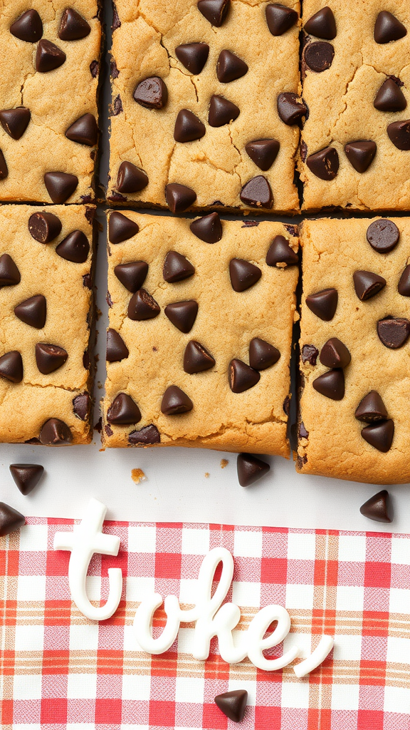 Delicious chocolate chip cookie bars with chocolate chips on top.