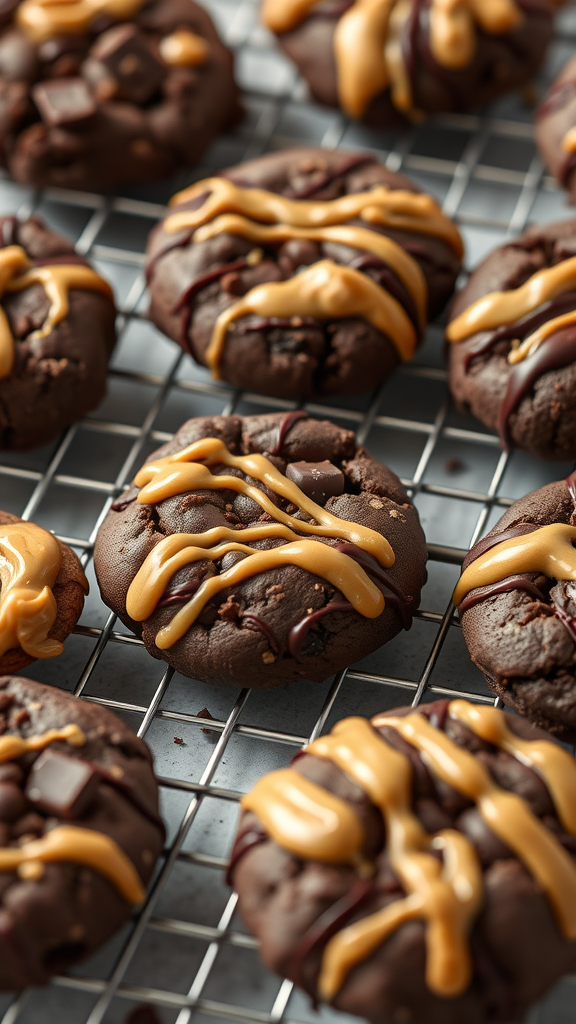 Delicious chocolate peanut butter cookies on a cooling rack