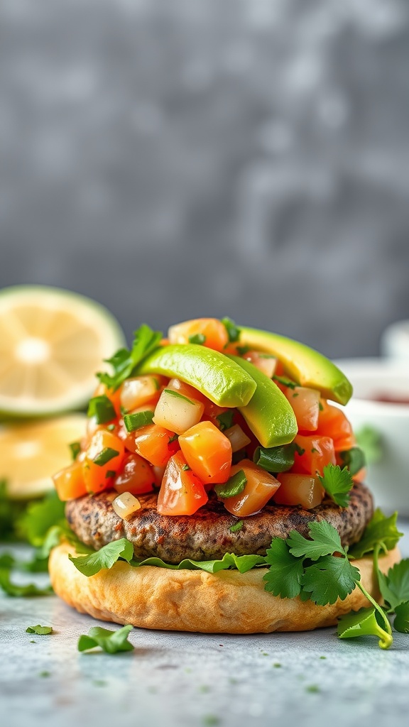 Cilantro lime burger topped with fresh salsa and avocado slices on a bun.