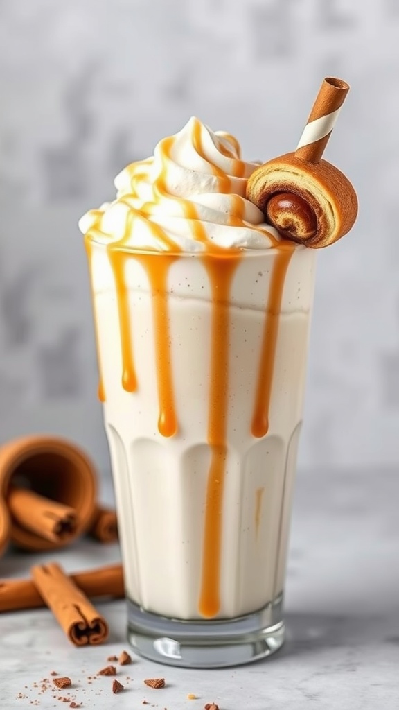 A delicious cinnamon roll milkshake topped with whipped cream and caramel drizzle