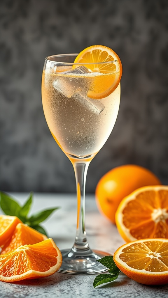 A refreshing Citrus Sparkling Mocktail in a glass, garnished with lemon and orange slices, surrounded by fresh fruits.