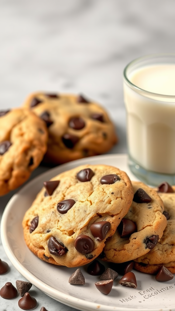 Plate of chocolate chip cookies with chocolate chips scattered around and a glass of milk.