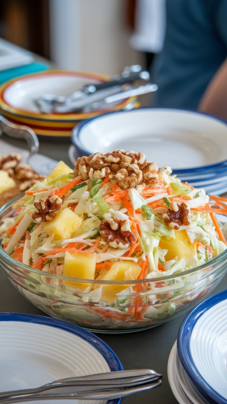 A colorful bowl of coleslaw with pineapple and walnuts, perfect for potluck gatherings.