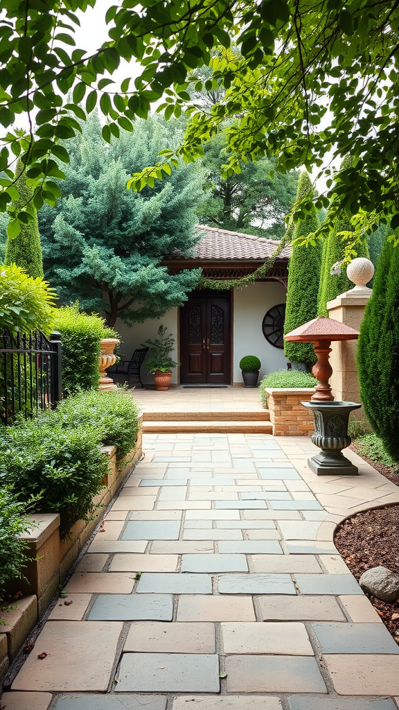 A charming sandstone pathway leading to a welcoming entrance surrounded by greenery.