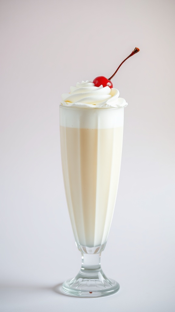 A classic vanilla milkshake topped with whipped cream and a cherry