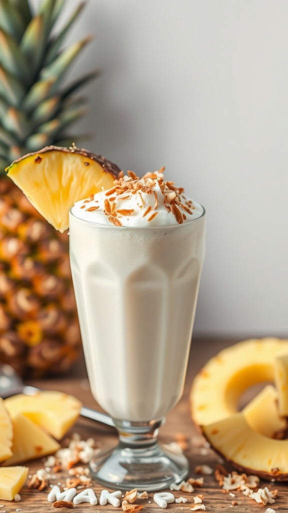 A delicious coconut milkshake topped with whipped cream and toasted coconut flakes.