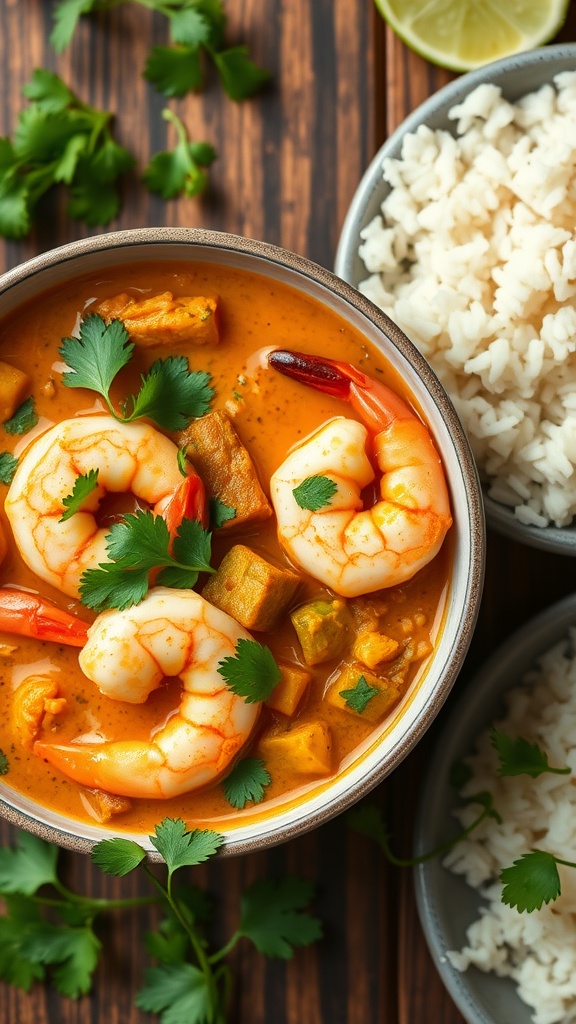 A bowl of coconut curry shrimp with fresh herbs and fluffy rice.