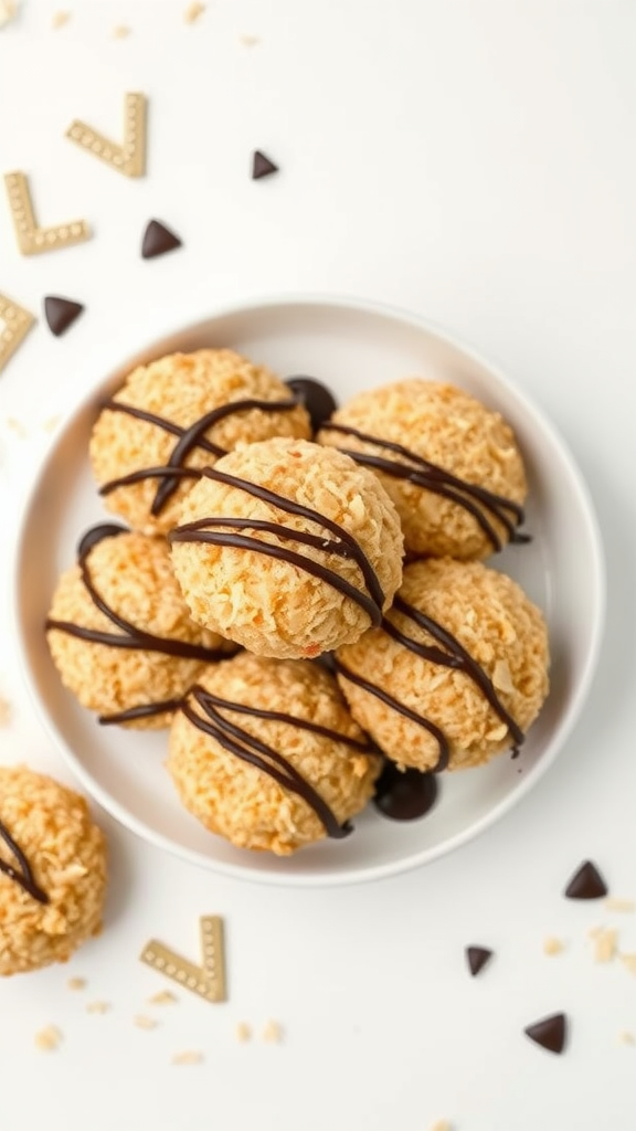 A plate of coconut macaroons drizzled with chocolate