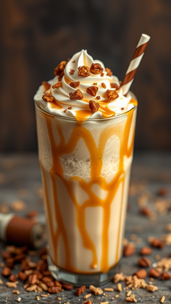 Delicious coffee caramel crunch milkshake topped with whipped cream and caramel drizzle