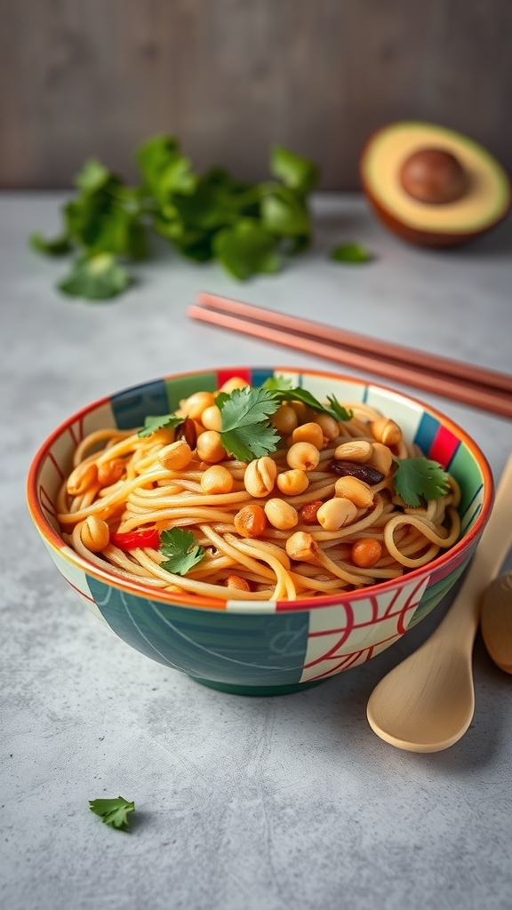 A colorful bowl of cold noodle salad topped with peanuts and fresh herbs.