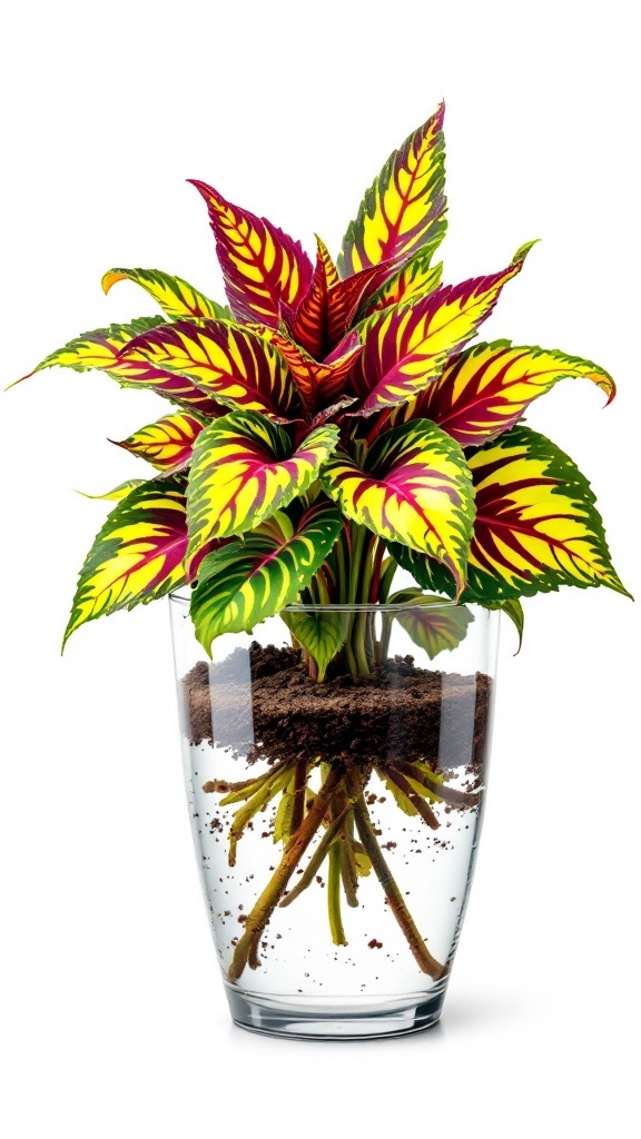 A vibrant Coleus plant with red and yellow leaves growing in a clear vase with water and soil.