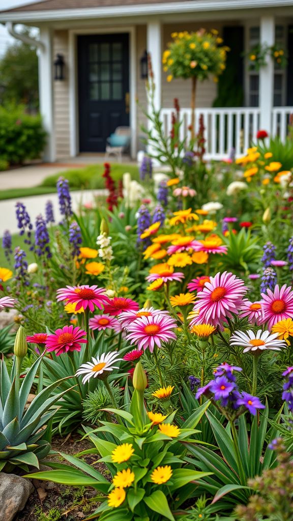 Colorful flower beds with a variety of native plants in a front yard setting