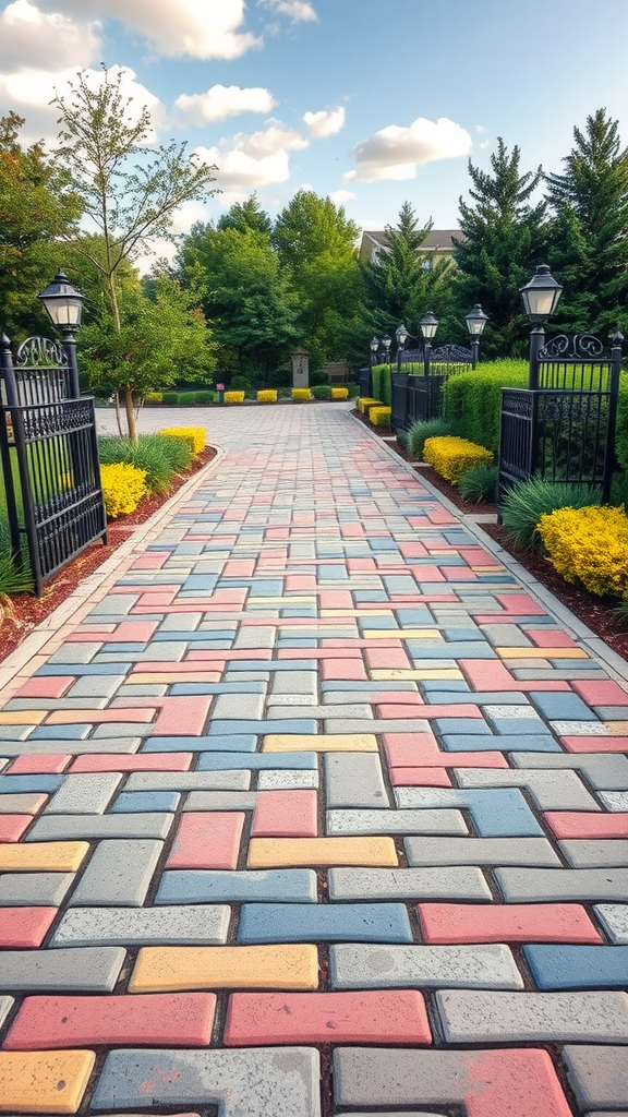 Colorful paver pathway surrounded by greenery and flowers