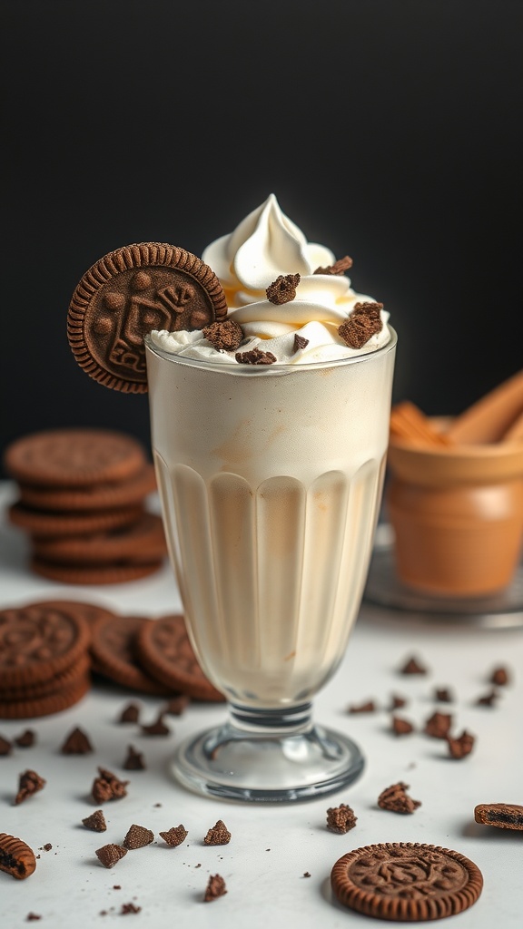 A delicious Cookies and Cream Milk Shake topped with whipped cream and cookie crumbles