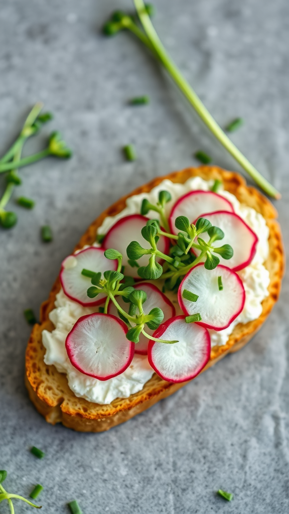 A slice of toast topped with cottage cheese, radish slices, and chives on a grey background.