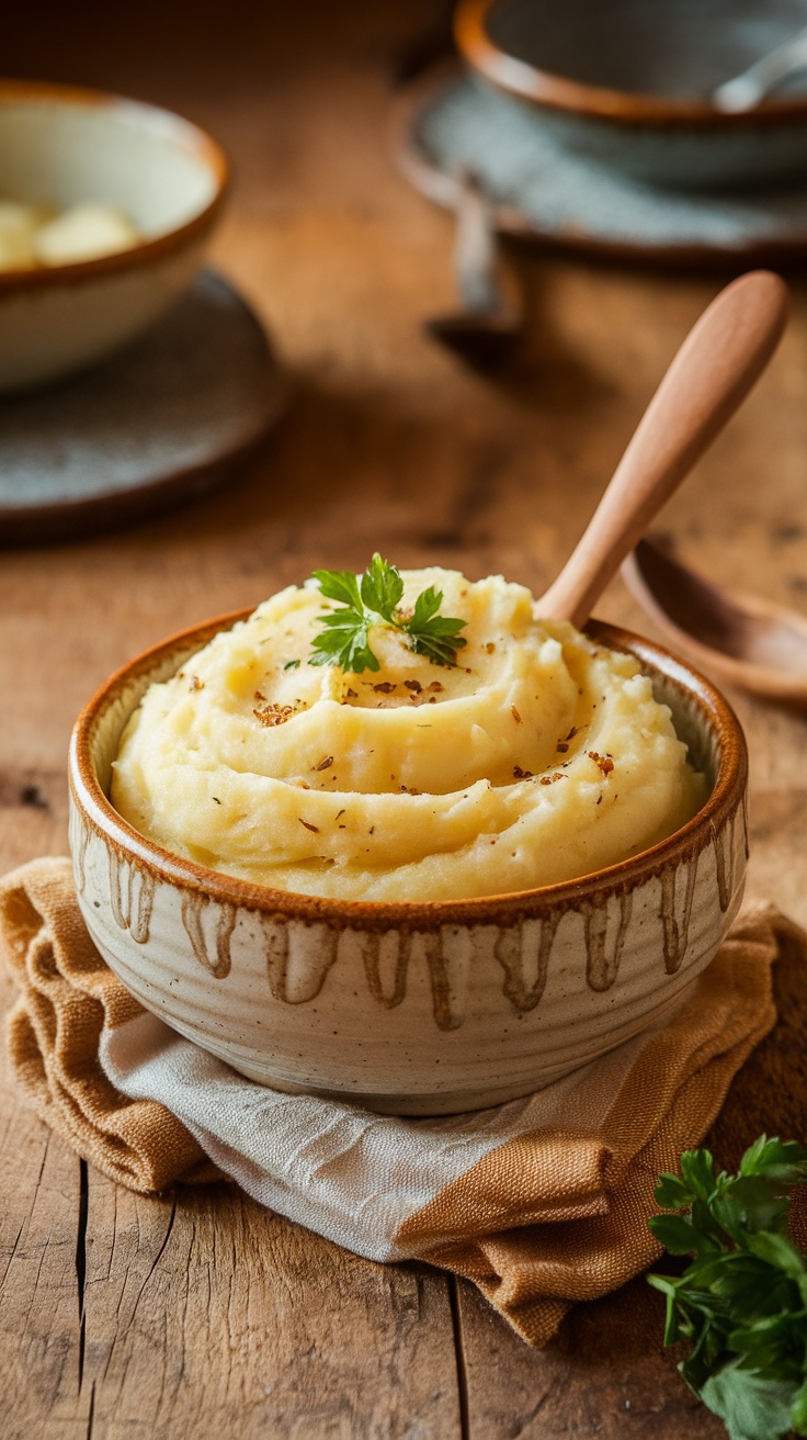 Bowl of creamy garlic mashed potatoes topped with parsley.