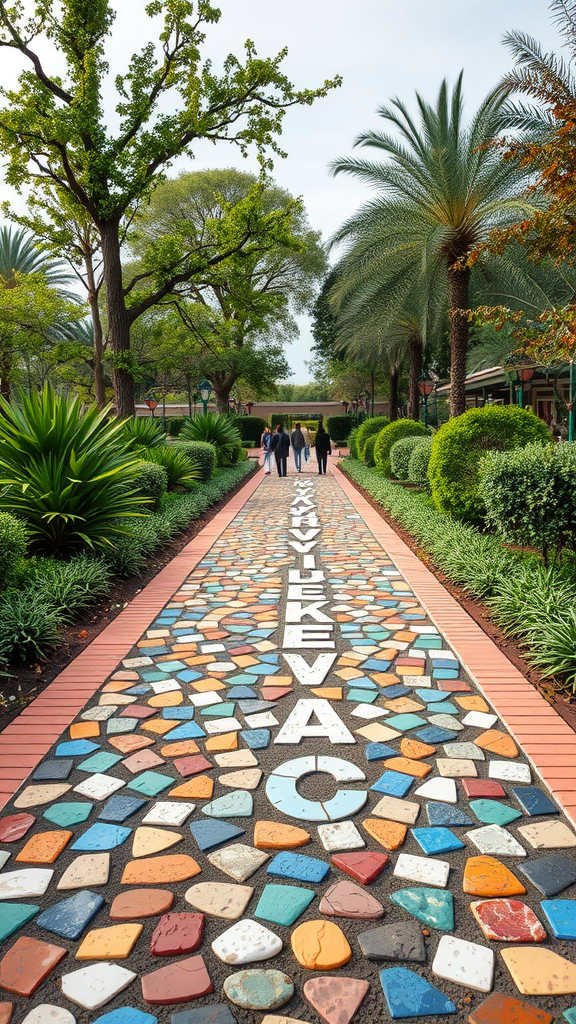 Colorful mosaic walkway surrounded by greenery and palm trees